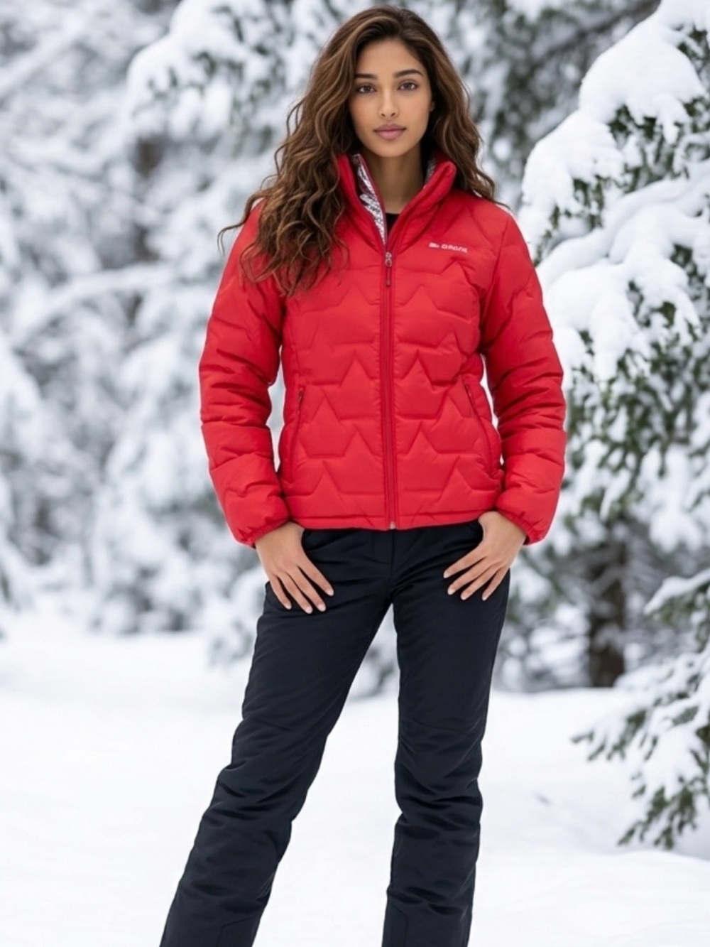 Red Insulated Ski Jacket with Chevron Quilting